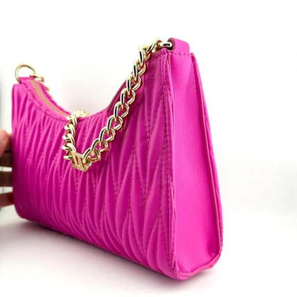 Aldo Hot Pink Quilted Chain Shoulder Bag w/ Coin Pouch & Removable Guitar Strap - Picture 2 of 10